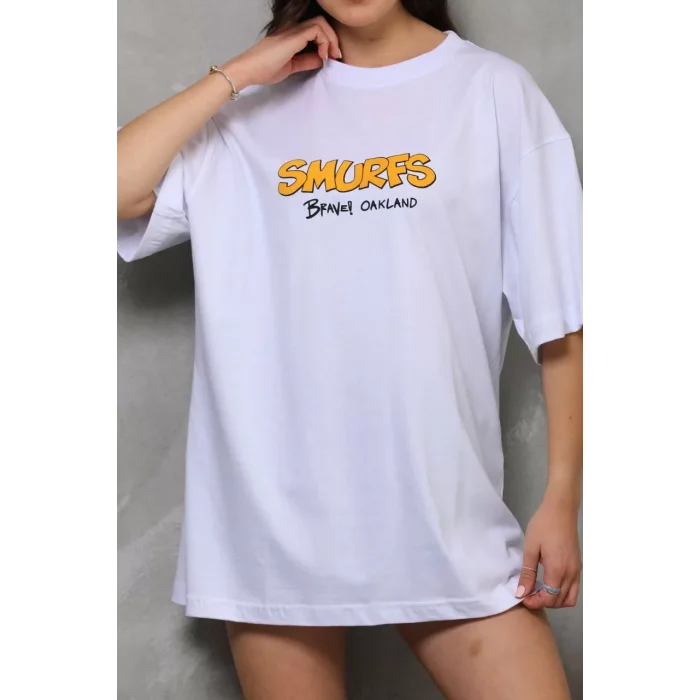 Arnay Unisex Bisiklet Yaka Baskılı Oversize T-shirt - Beyaz