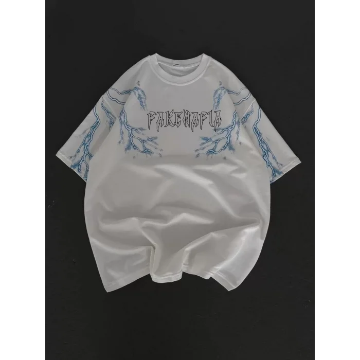 Arnay Unisex Bisiklet Yaka Baskılı Oversize T-shirt - Beyaz