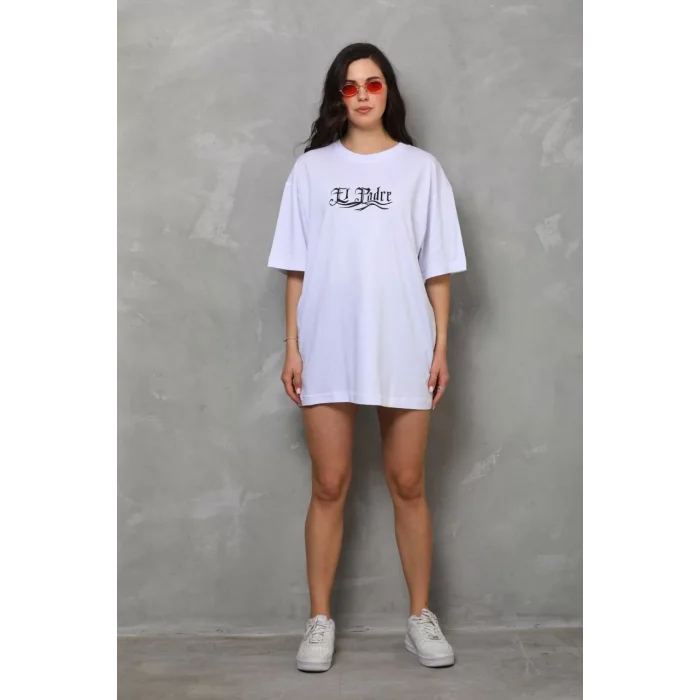 Arnay Unisex Bisiklet Yaka Baskılı Oversize T-shirt - Beyaz