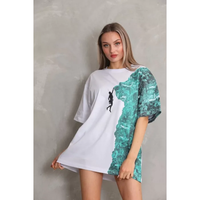 Arnay Unisex Bisiklet Yaka Baskılı Oversize T-shirt - Beyaz