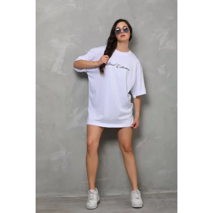 Arnay Unisex Bisiklet Yaka Baskılı Oversize T-shirt - Beyaz