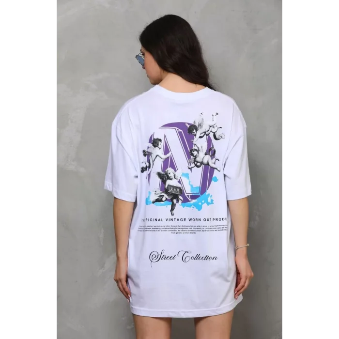 Arnay Unisex Bisiklet Yaka Baskılı Oversize T-shirt - Beyaz