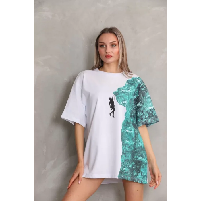 Arnay Unisex Bisiklet Yaka Baskılı Oversize T-shirt - Beyaz