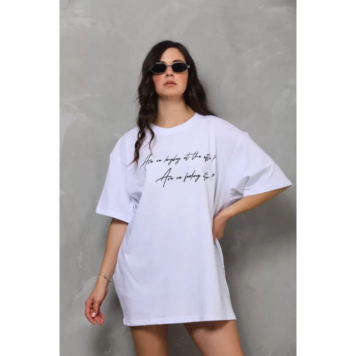 Arnay Unisex Bisiklet Yaka Baskılı Oversize T-shirt - Beyaz