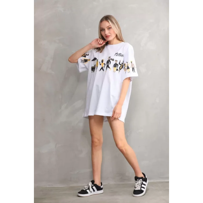 Arnay Unisex Bisiklet Yaka Baskılı Oversize T-shirt - Beyaz