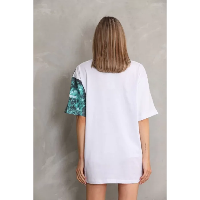 Arnay Unisex Bisiklet Yaka Baskılı Oversize T-shirt - Beyaz