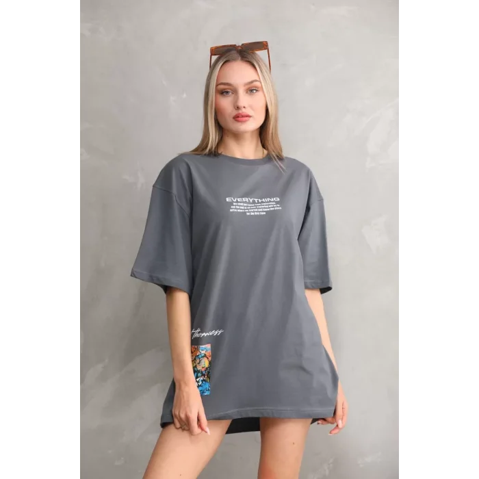 Arnay Unisex Bisiklet Yaka Baskılı Oversize T-shirt - Gri