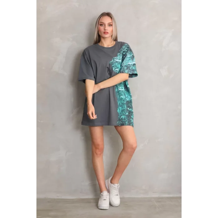 Arnay Unisex Bisiklet Yaka Baskılı Oversize T-shirt - Gri