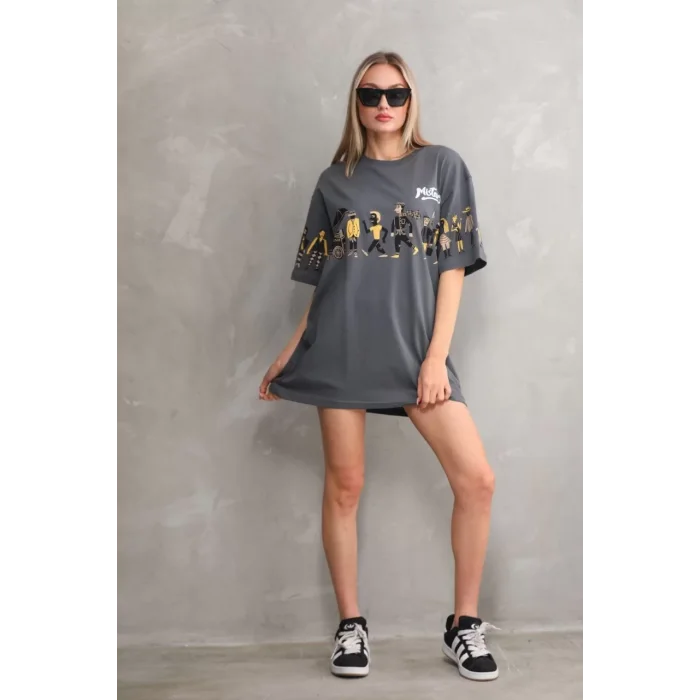 Arnay Unisex Bisiklet Yaka Baskılı Oversize T-shirt - Gri