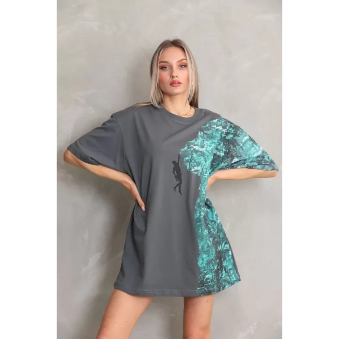 Arnay Unisex Bisiklet Yaka Baskılı Oversize T-shirt - Gri