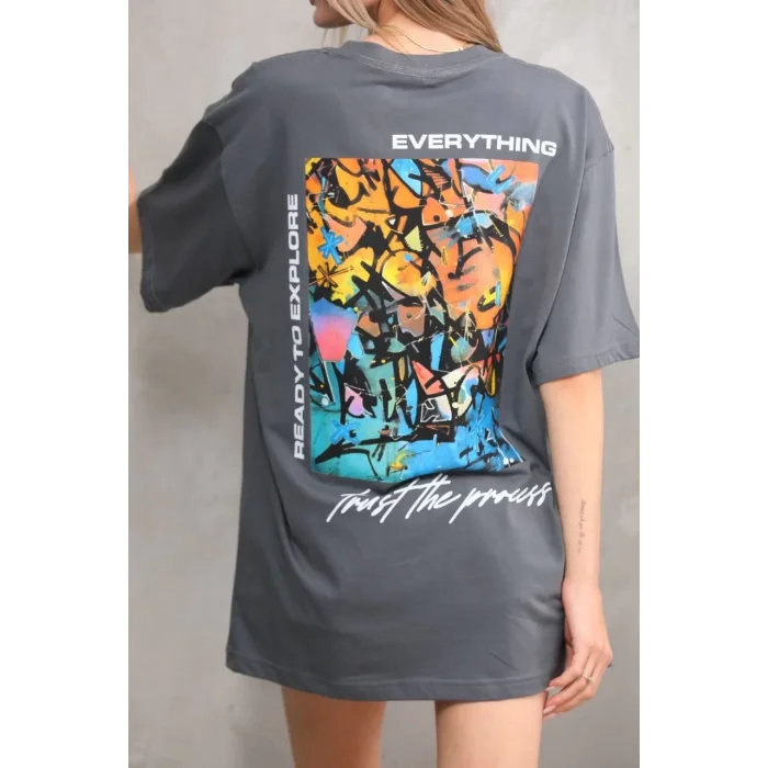 Arnay Unisex Bisiklet Yaka Baskılı Oversize T-shirt - Gri