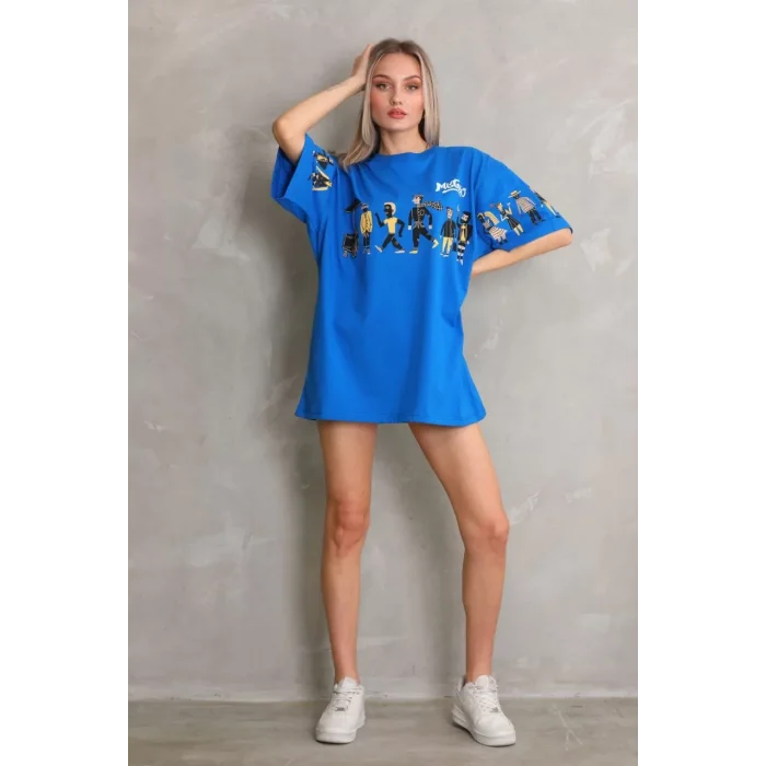 Arnay Unisex Bisiklet Yaka Baskılı Oversize T-shirt - Mavi