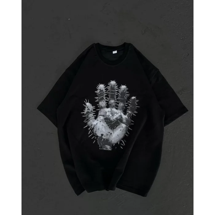 Arnay Unisex Bisiklet Yaka Baskılı Oversize T-shirt - Siyah