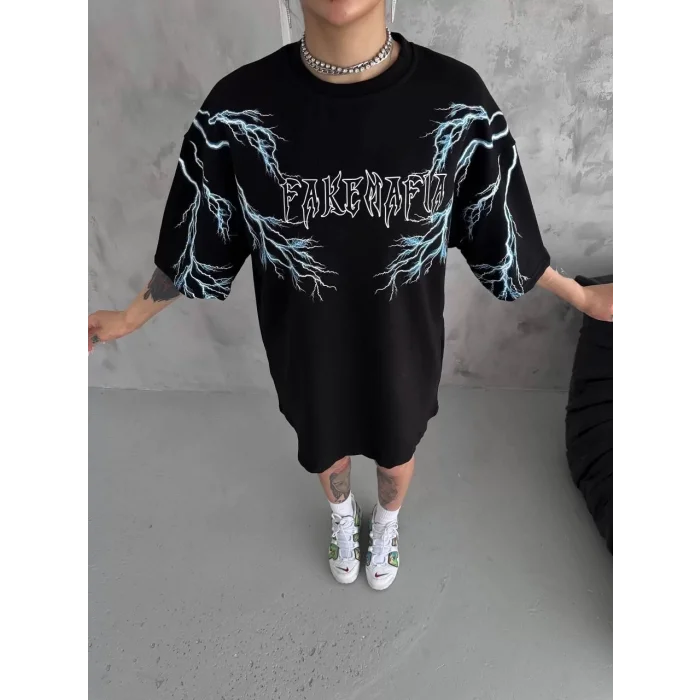 Arnay Unisex Bisiklet Yaka Baskılı Oversize T-shirt - Siyah