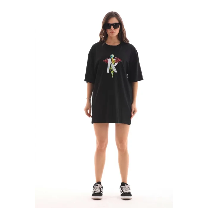 Arnay Unisex Bisiklet Yaka Baskılı Oversize T-shirt - Siyah