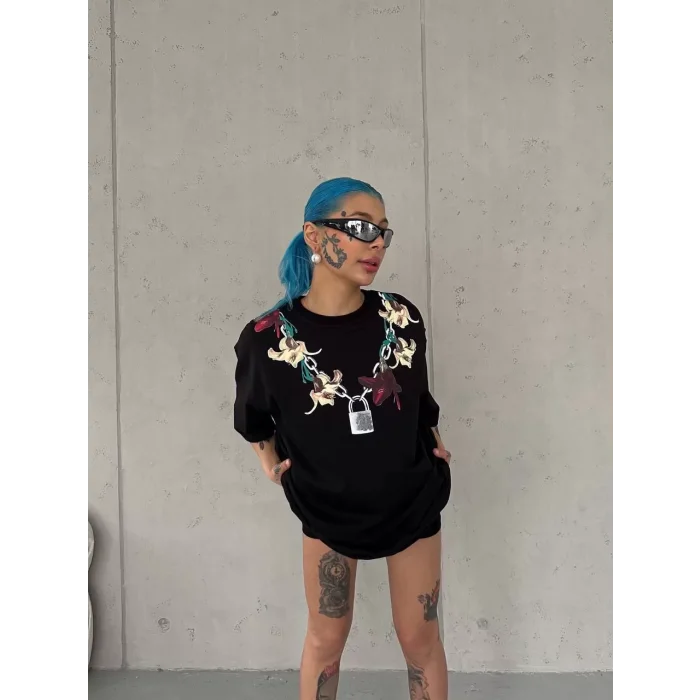 Arnay Unisex Bisiklet Yaka Baskılı Oversize T-shirt - Siyah