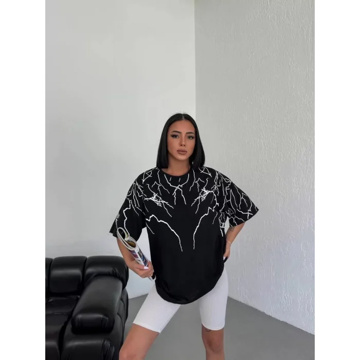 Arnay Unisex Bisiklet Yaka Baskılı Oversize T-shirt - Siyah