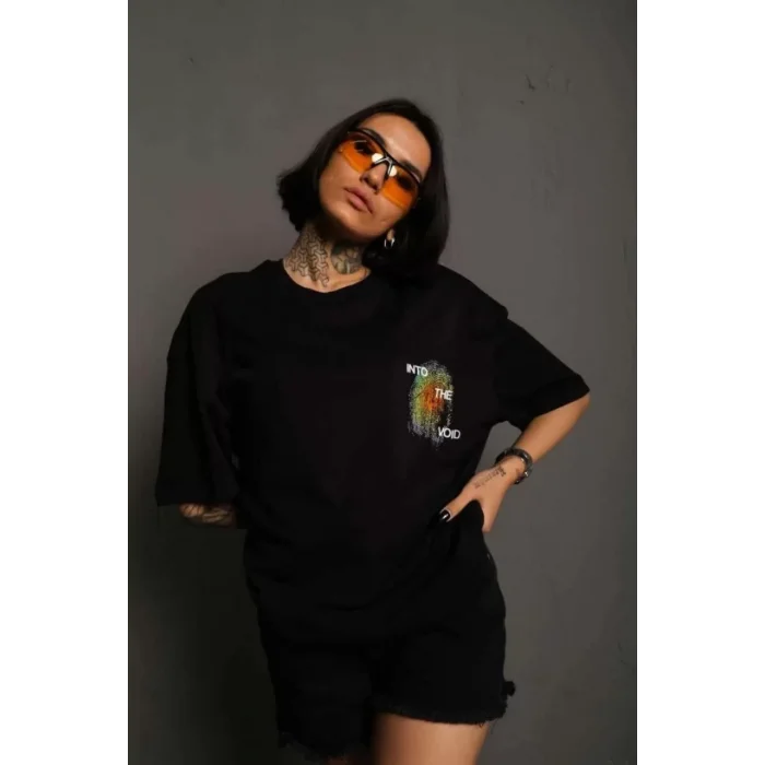 Arnay Unisex Bisiklet Yaka Baskılı Oversize T-shirt - Siyah