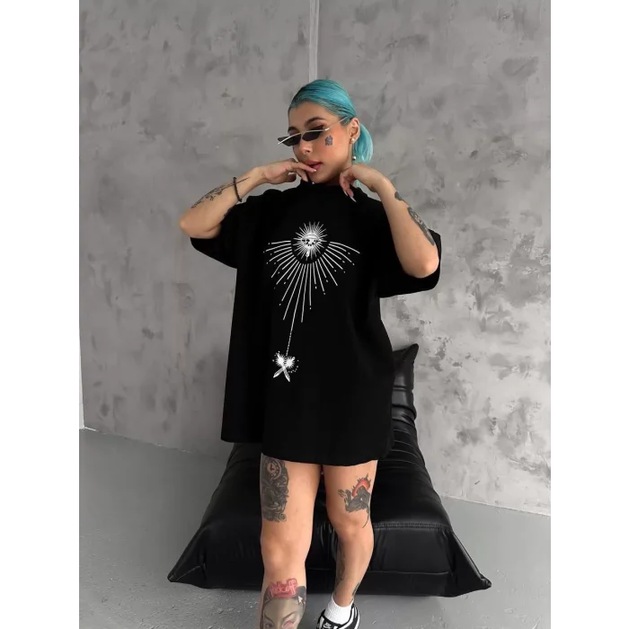 Arnay Unisex Bisiklet Yaka Baskılı Oversize T-shirt - Siyah