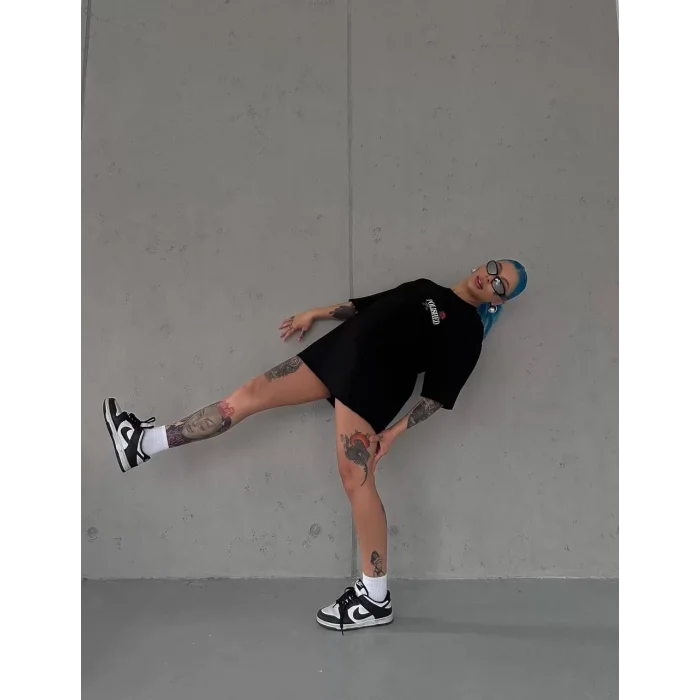 Arnay Unisex Bisiklet Yaka Baskılı Oversize T-shirt - Siyah