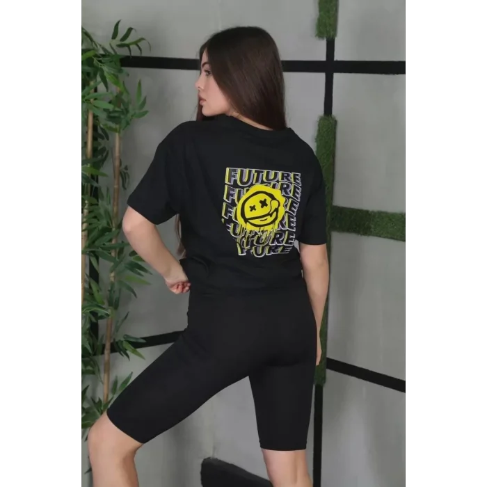 Arnay Unisex Bisiklet Yaka Baskılı Oversize T-shirt - Siyah