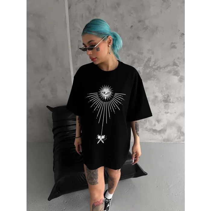 Arnay Unisex Bisiklet Yaka Baskılı Oversize T-shirt - Siyah