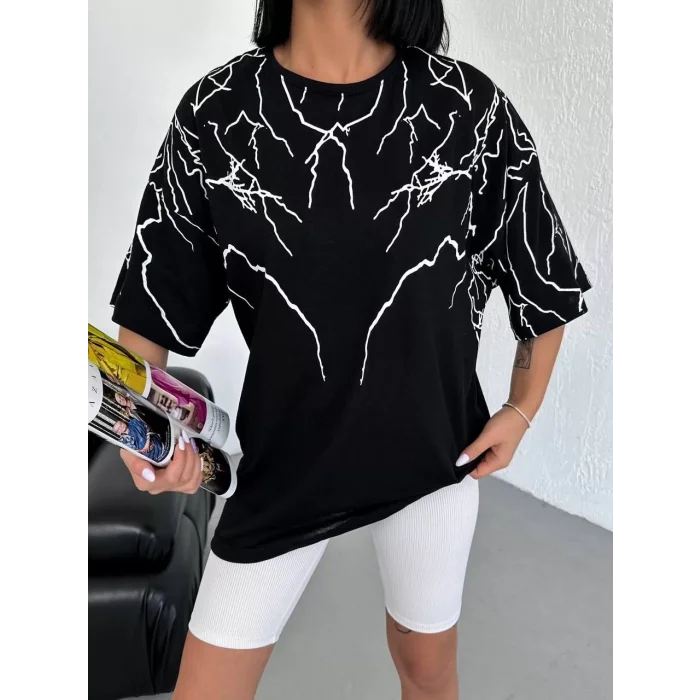 Arnay Unisex Bisiklet Yaka Baskılı Oversize T-shirt - Siyah