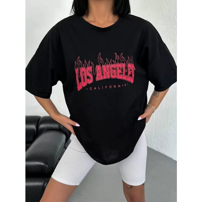 Arnay Unisex Bisiklet Yaka Baskılı Oversize T-shirt - Siyah