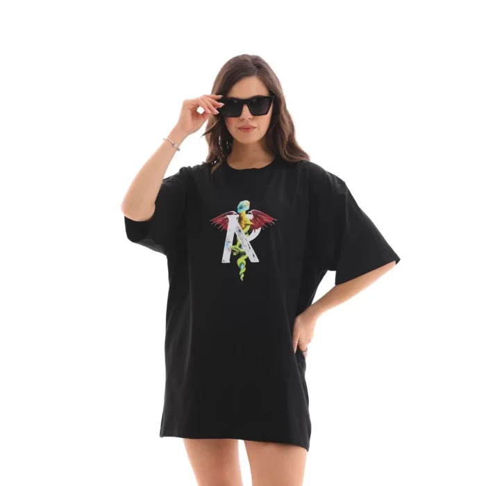 Arnay Unisex Bisiklet Yaka Baskılı Oversize T-shirt - Siyah