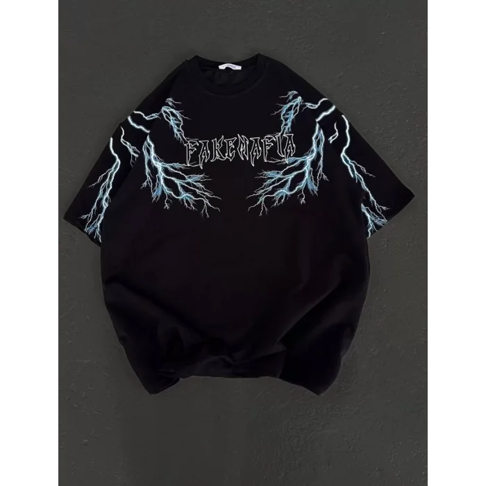 Arnay Unisex Bisiklet Yaka Baskılı Oversize T-shirt - Siyah