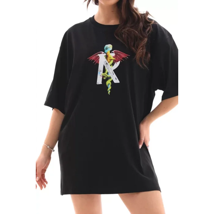 Arnay Unisex Bisiklet Yaka Baskılı Oversize T-shirt - Siyah