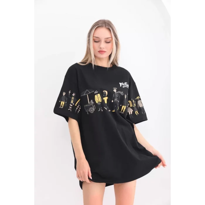 Arnay Unisex Bisiklet Yaka Baskılı Oversize T-shirt - Siyah