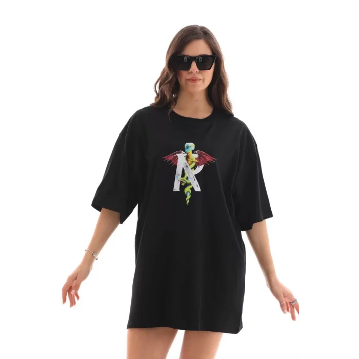 Arnay Unisex Bisiklet Yaka Baskılı Oversize T-shirt - Siyah