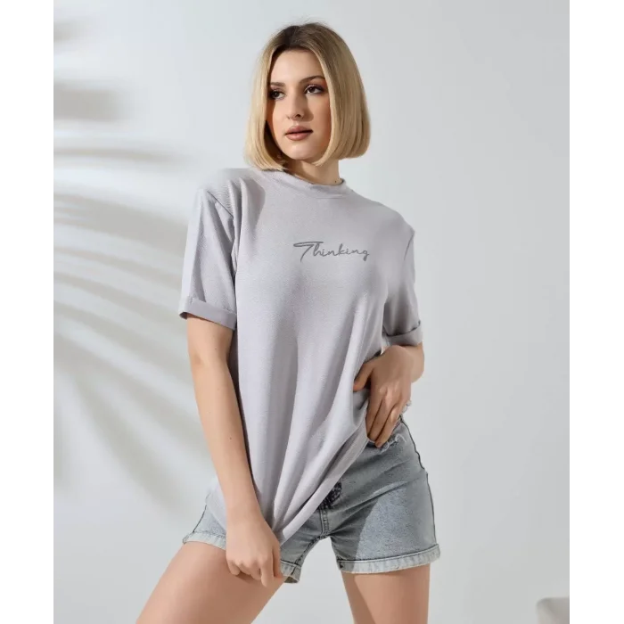 Arnay Unisex Bisiklet Yaka Baskılı Slim Fit T-shirt - Boyalı Gri