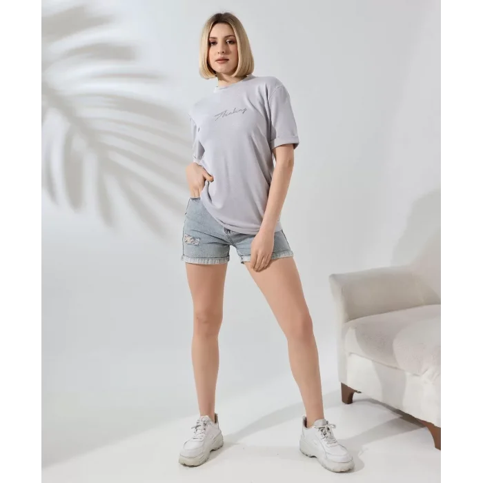 Arnay Unisex Bisiklet Yaka Baskılı Slim Fit T-shirt - Boyalı Gri