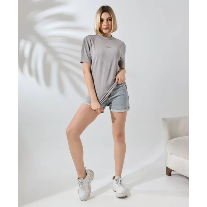 Arnay Unisex Bisiklet Yaka Baskılı Slim Fit T-shirt - Boyalı Gri