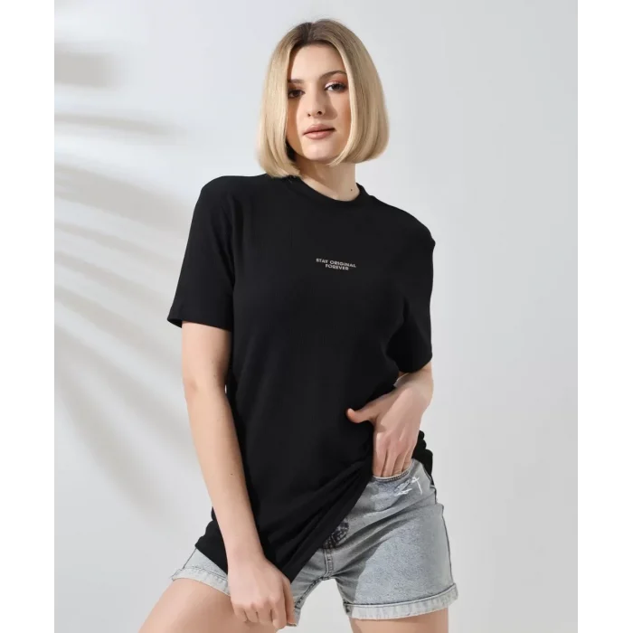 Arnay Unisex Bisiklet Yaka Baskılı Slim Fit T-shirt - Siyah