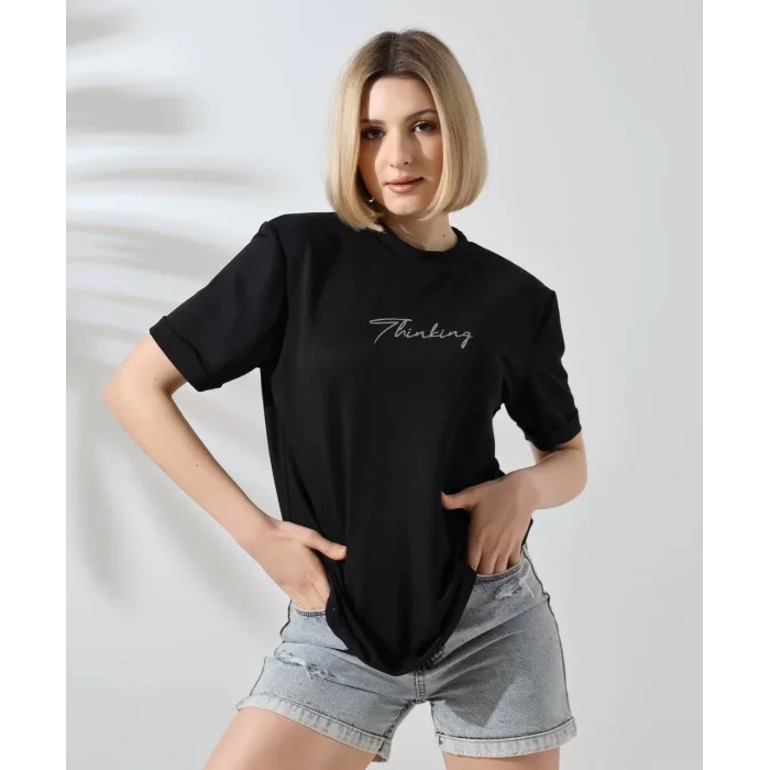 Arnay Unisex Bisiklet Yaka Baskılı Slim Fit T-shirt - Siyah