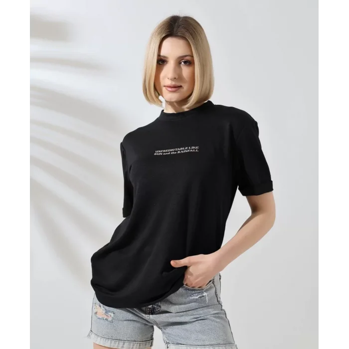 Arnay Unisex Bisiklet Yaka Baskılı Slim Fit T-shirt - Siyah