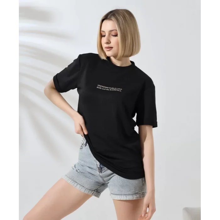 Arnay Unisex Bisiklet Yaka Baskılı Slim Fit T-shirt - Siyah