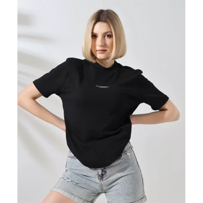 Arnay Unisex Bisiklet Yaka Baskılı Slim Fit T-shirt - Siyah