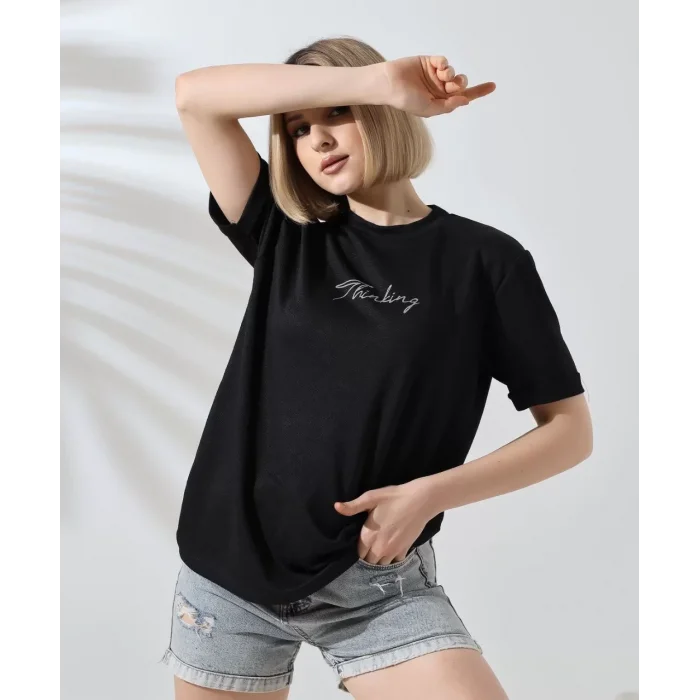 Arnay Unisex Bisiklet Yaka Baskılı Slim Fit T-shirt - Siyah