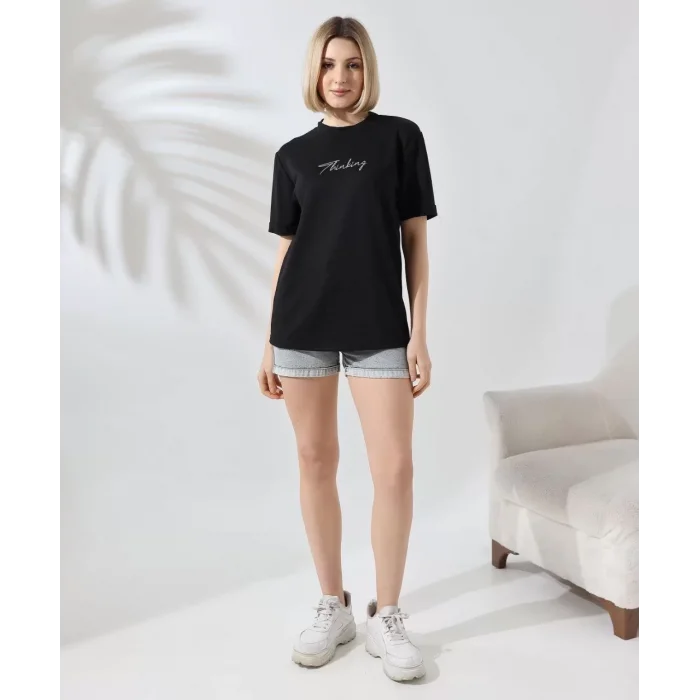 Arnay Unisex Bisiklet Yaka Baskılı Slim Fit T-shirt - Siyah