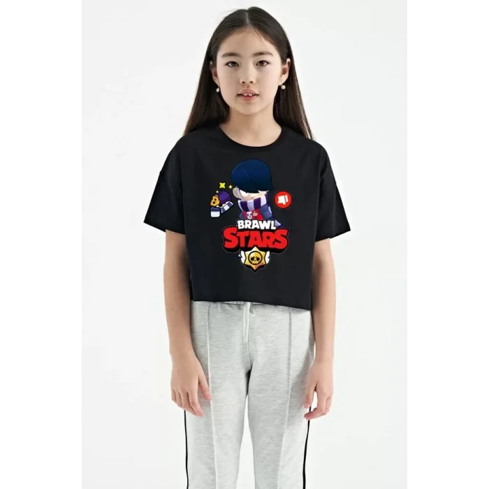 Arnay Unisex Bisiklet Yaka Kısa Kol Baskılı Çocuk T-shirt - Siyah