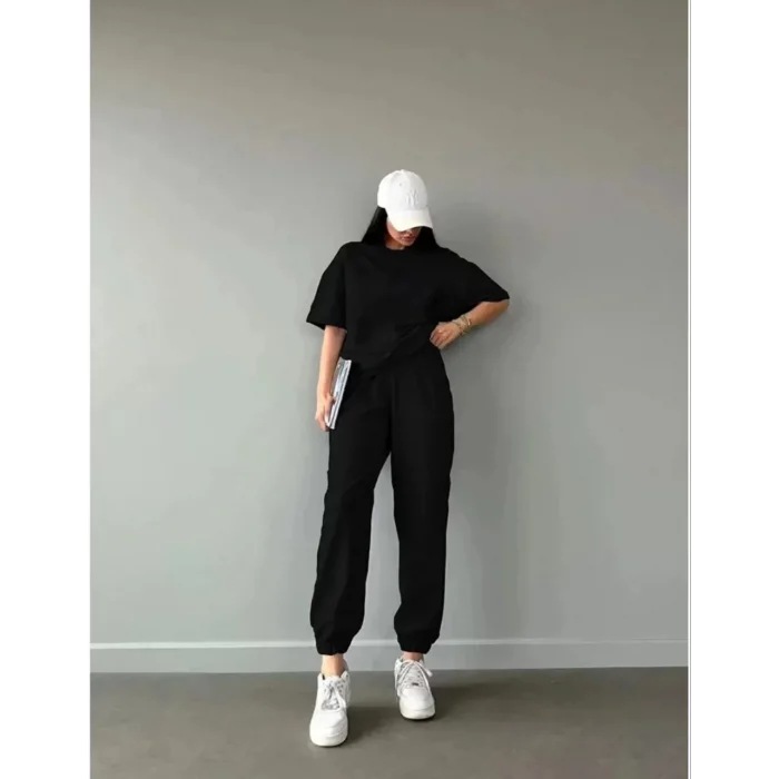 Arnay Unisex Düz T-shirt Ve Eşofman Takımı - Siyah