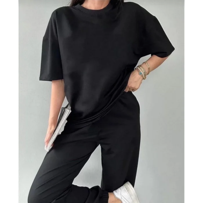 Arnay Unisex Düz T-shirt Ve Eşofman Takımı - Siyah