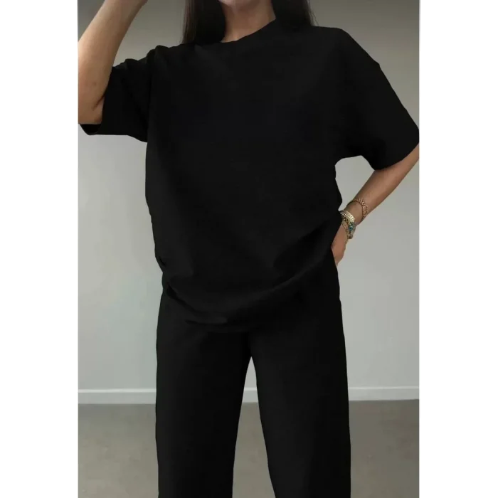 Arnay Unisex Düz T-shirt Ve Eşofman Takımı - Siyah