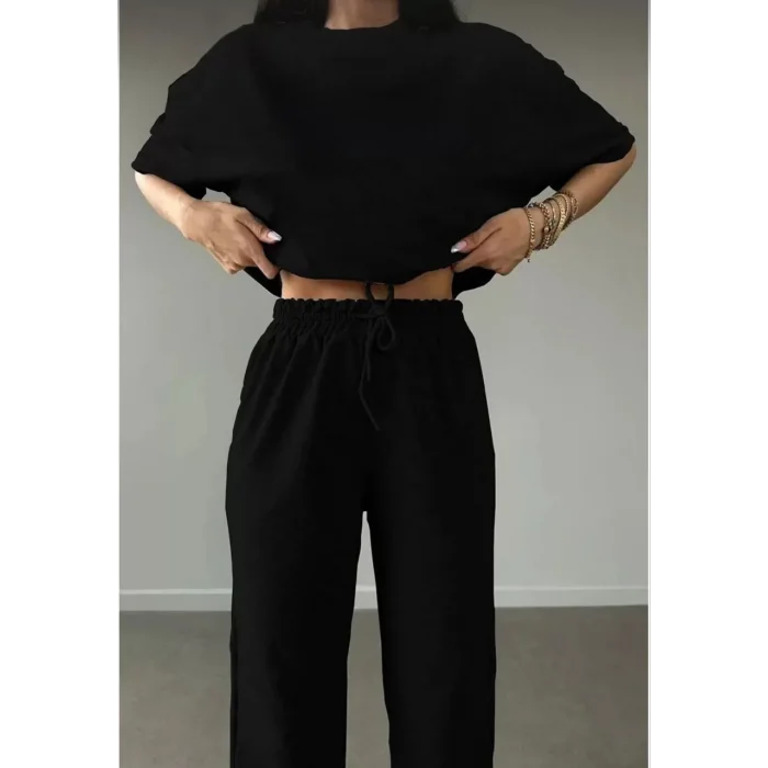 Arnay Unisex Düz T-shirt Ve Eşofman Takımı - Siyah