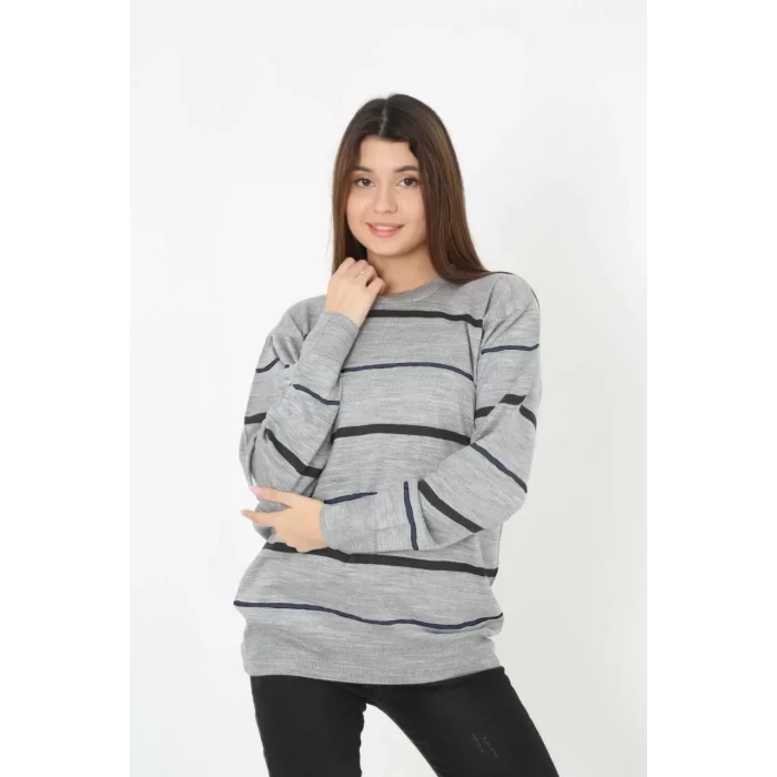 Arnay Unisex İnce Çizgili Bisiklet Yaka Triko Kazak - Gri