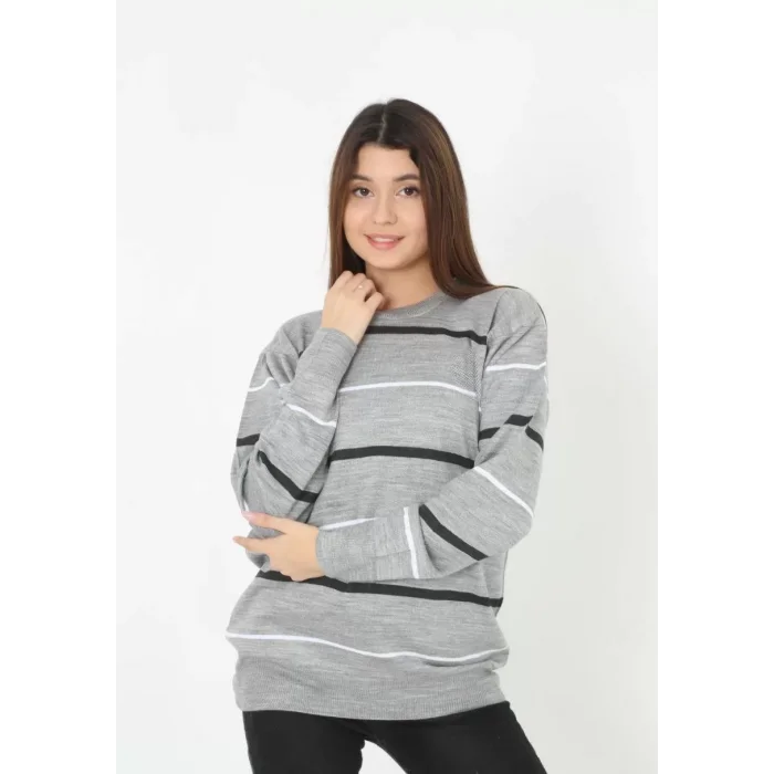 Arnay Unisex İnce Çizgili Bisiklet Yaka Triko Kazak - Gri